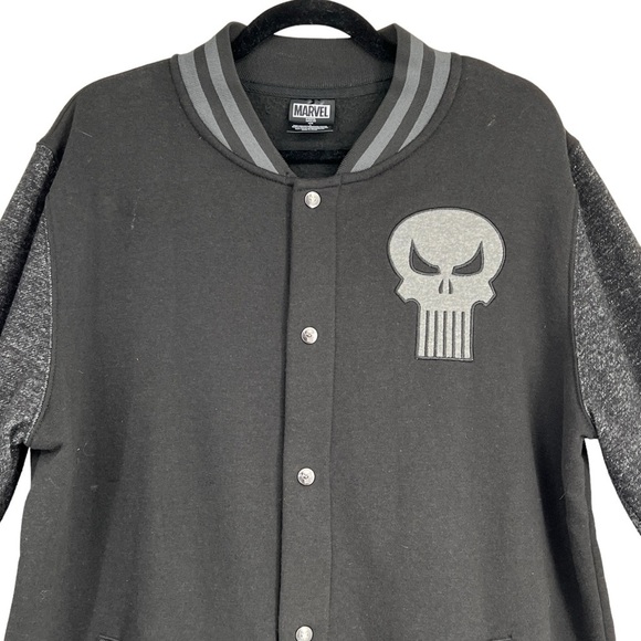 MARVEL Men's Varsity Jacket The Punisher Snap Button Skull Black Gray Size L - Picture 3 of 7